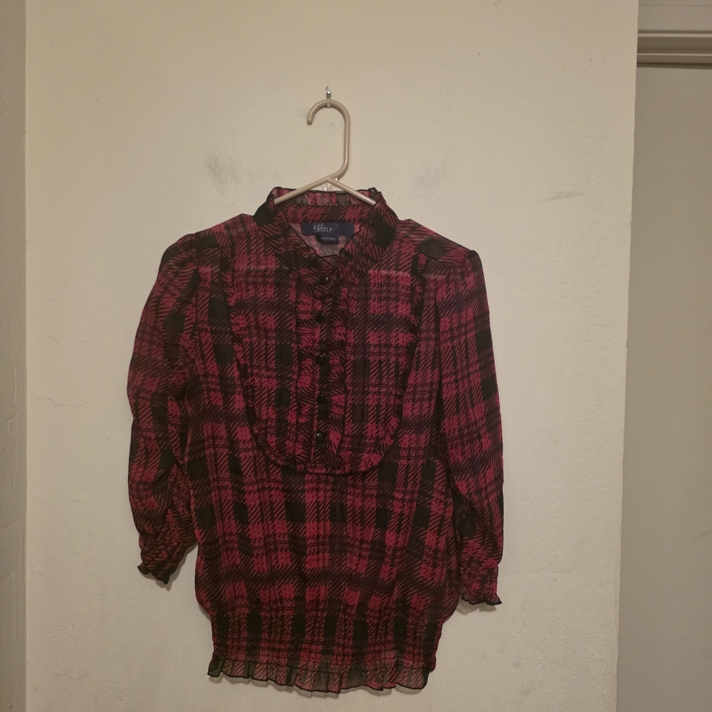 Miley Cyrus & Max Azria Sheer Red and Black Checkered Blouse Size Large